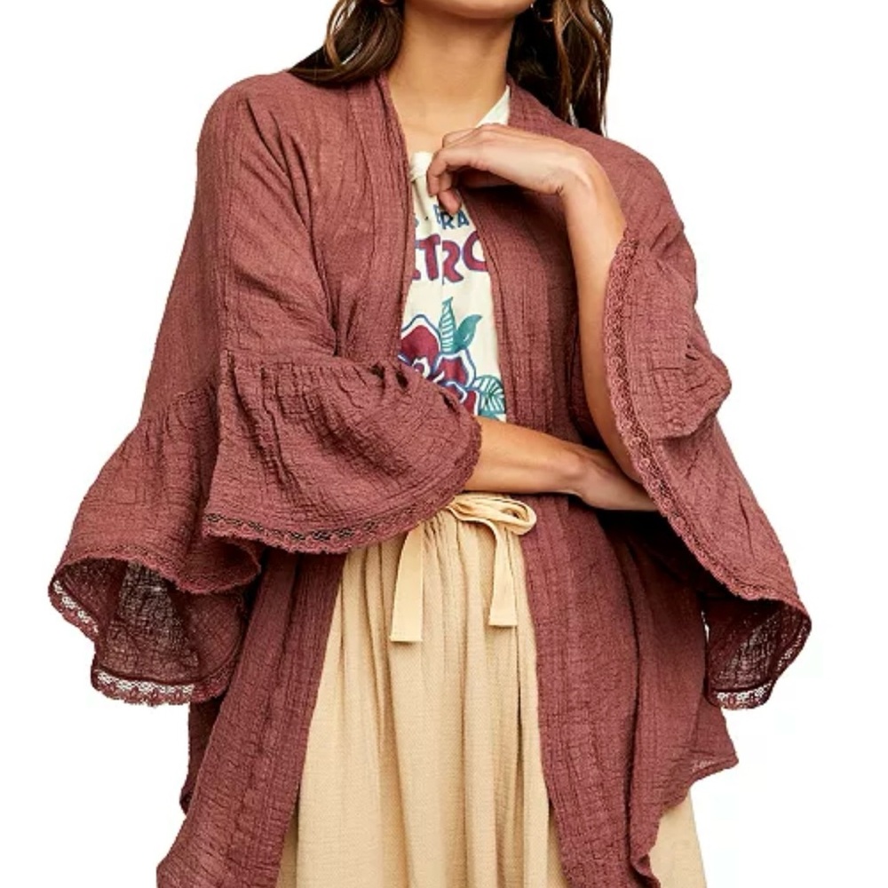 Free People Rosewood Color Poppy Ruffle Sleeves Kimono Size XS-S